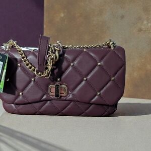 Badgley Mischka Crossbody With Diamond Quilted And Studs On Cover Purse Plum NWT